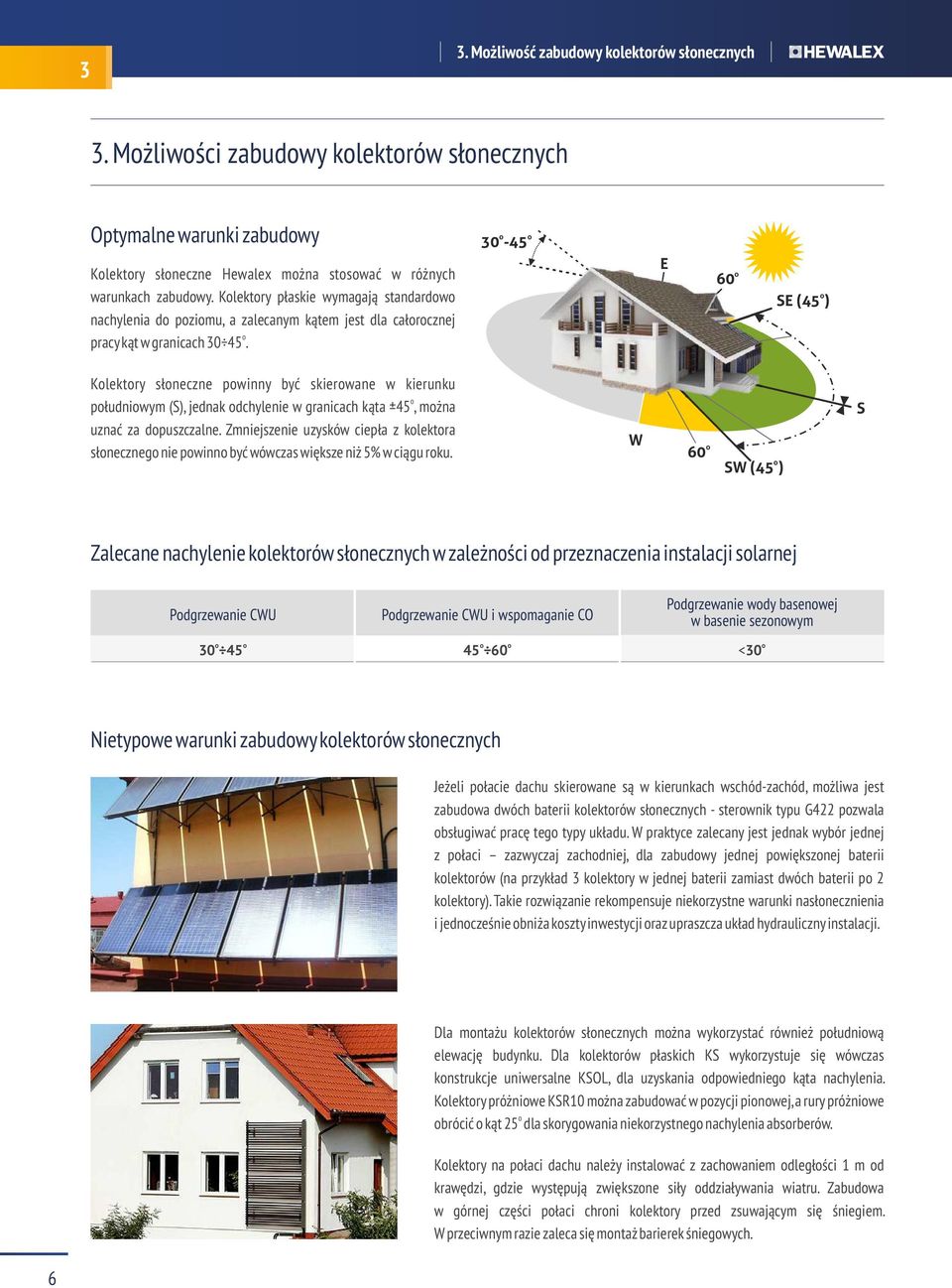 o o 0 E o 0 o SE ( ) Kolektory słoneczne powinny być skierowane w kierunku o południowym (S), jednak odchylenie w granicach kąta ±, można uznać za dopuszczalne.