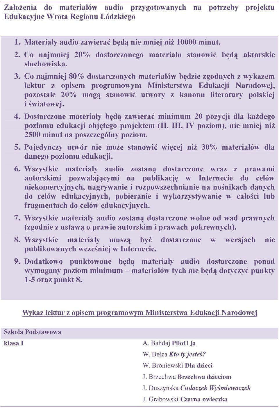 Co najmniej 80% dostarczonych materiałów będzie zgodnych z wykazem lektur z opisem programowym Ministerstwa Edukacji Narodowej, pozostałe 20% mogą stanowić utwory z kanonu literatury polskiej i