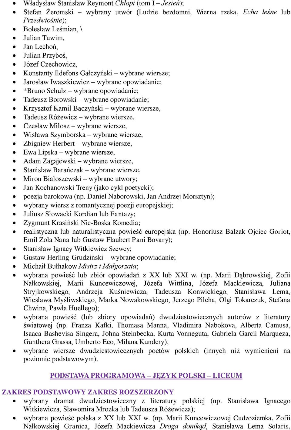 Kamil Baczyński wybrane wiersze, Tadeusz Różewicz wybrane wiersze, Czesław Miłosz wybrane wiersze, Wisława Szymborska wybrane wiersze, Zbigniew Herbert wybrane wiersze, Ewa Lipska wybrane wiersze,