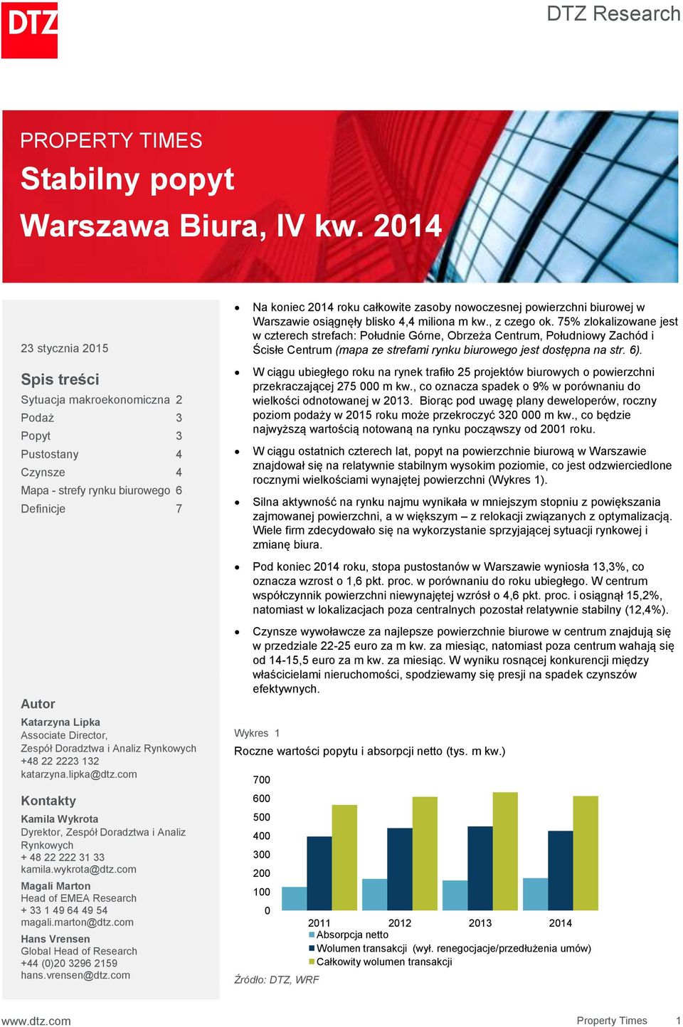 Doradztwa i Analiz Rynkowych +48 22 2223 132 katarzyna.lipka@dtz.com Kontakty Kamila Wykrota, Zespół Doradztwa i Analiz Rynkowych + 48 22 222 31 33 kamila.wykrota@dtz.