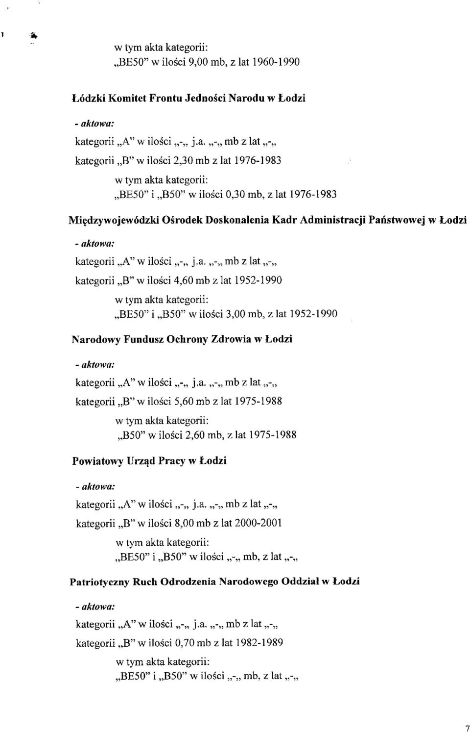 Ochrony Zdrowia w Lodzi kategorii B" w ilosci 5,60 mb z lat 1975-1988 B50" w ilosci 2,60 mb, z lat 1975-1988 Powiatowy Urz^d Pracy w Lodzi kategorii B" w ilosci 8,00 mb z lat 2000-2001 BE50"
