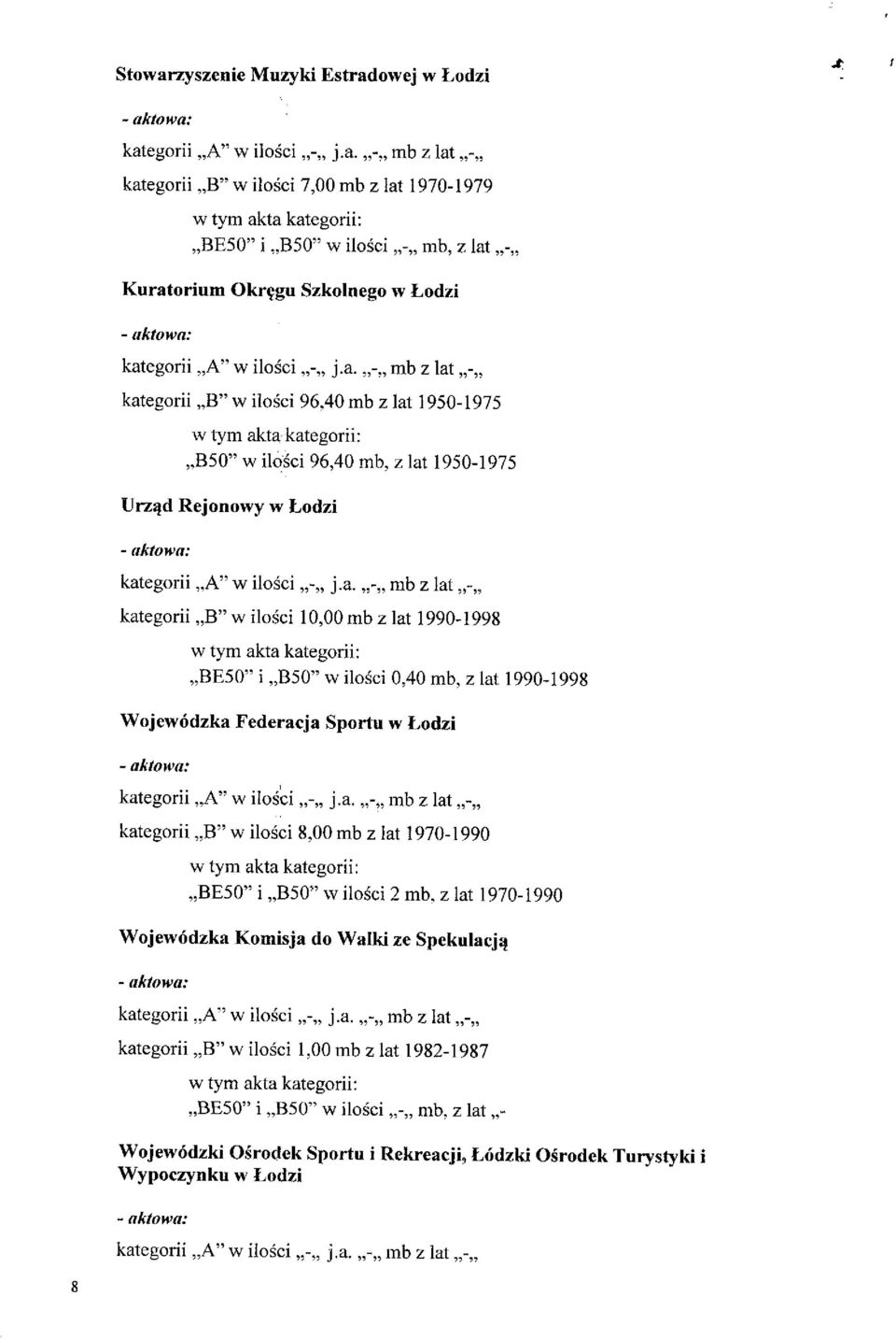 z lat 1990-1998 w tym akta kategorii; BE50" i B50" w ilosci 0,40 mb, z lat 1990-1998 Wojewodzka Federacja Spoiiu w Lodzi ~ aktowa: kategorii A'" w ilosci - j.a. - mb z lat - kategorii B" w ilosci 8,00 mb z lat 1970-1990 BE50" i B50" w ilosci 2 mb, z lat 1970-1990 Wojewodzka Komisja do Waiki ze Spckulacj^ kategorii,,a" w ilosci - j.