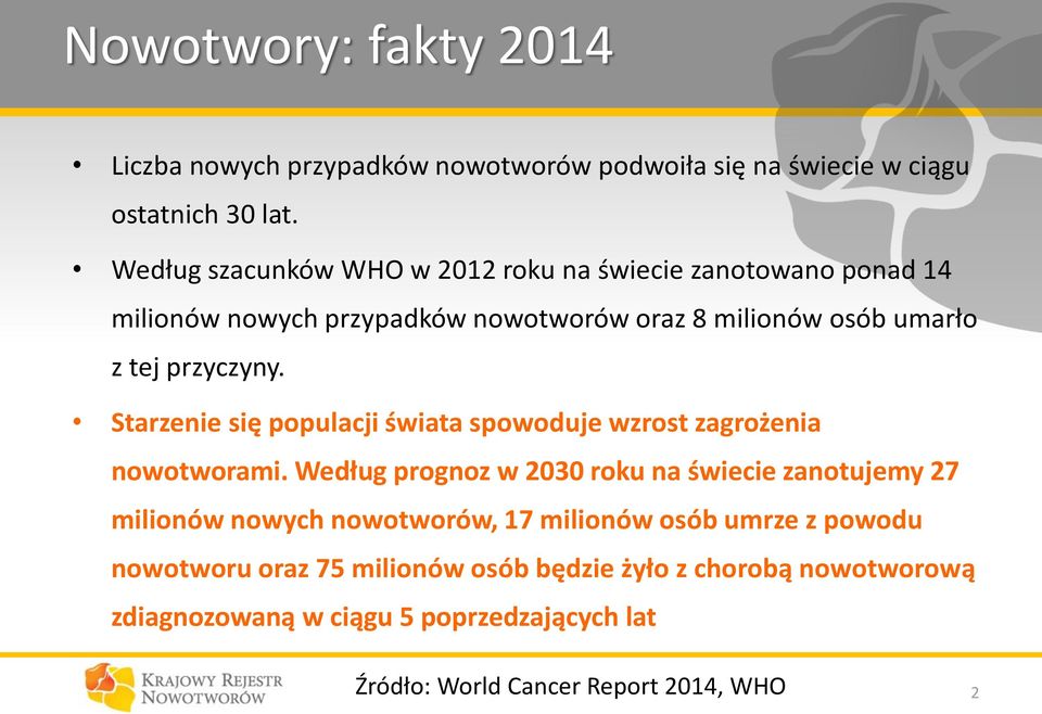 Starzenie się populacji świata spowoduje wzrost zagrożenia nowotworami.