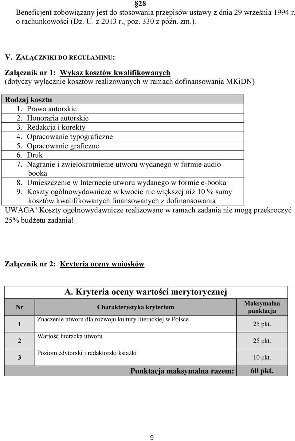 Honoraria autorskie 3. Redakcja i korekty 4. Opracowanie typograficzne 5. Opracowanie graficzne 6. Druk 7. Nagranie i zwielokrotnienie utworu wydanego w formie audiobooka 8.
