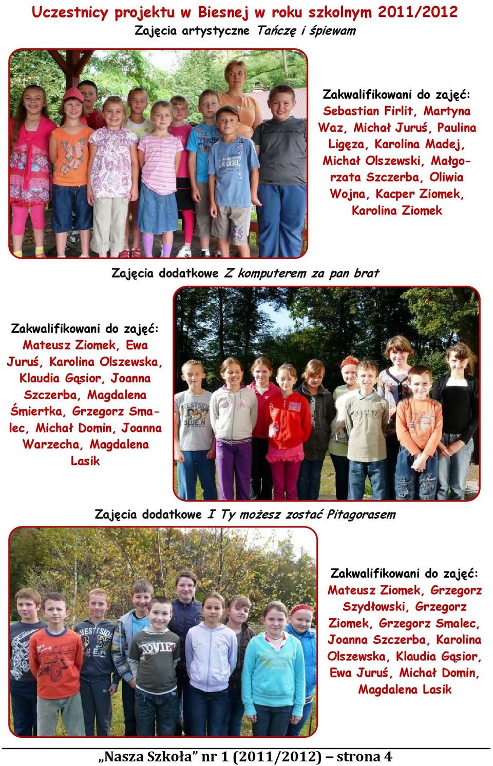 Olszewska, Klaudia Gąsior, Joanna Szczerba, Magdalena Śmiertka, Grzegorz Smalec, Michał Domin, Joanna Warzecha, Magdalena Lasik Zajęcia dodatkowe I Ty możesz zostać Pitagorasem Zakwalifikowani do