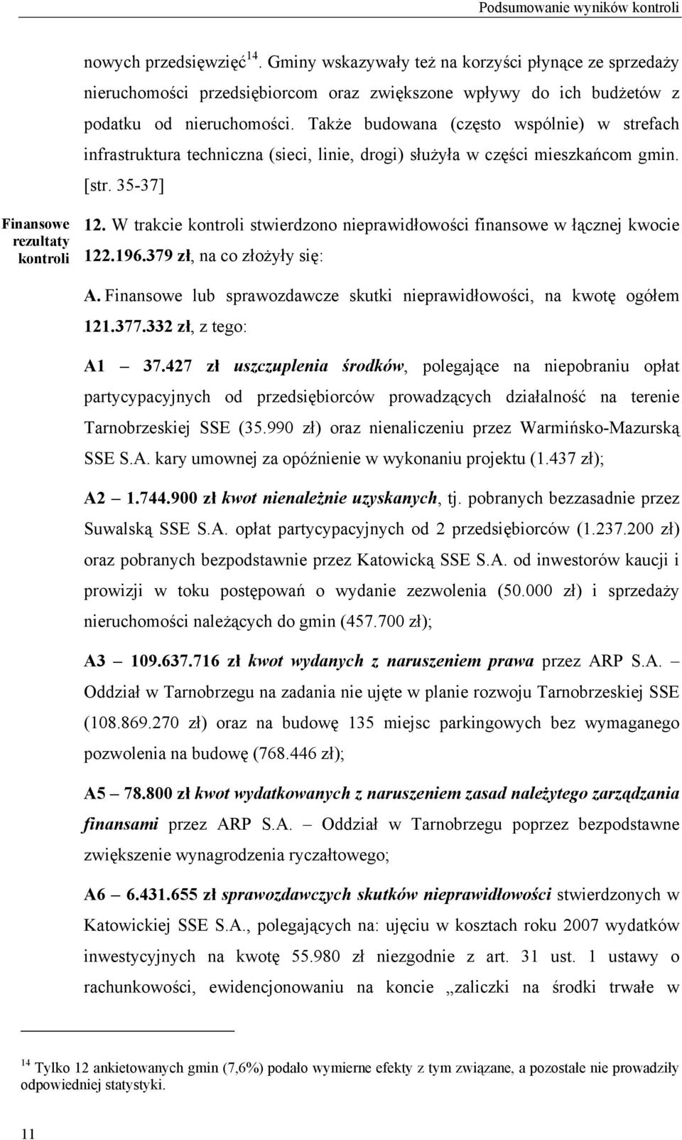 Także budowana (często wspólnie) w strefach infrastruktura techniczna (sieci, linie, drogi) służyła w części mieszkańcom gmin. [str. 35-37] Finansowe rezultaty kontroli 12.