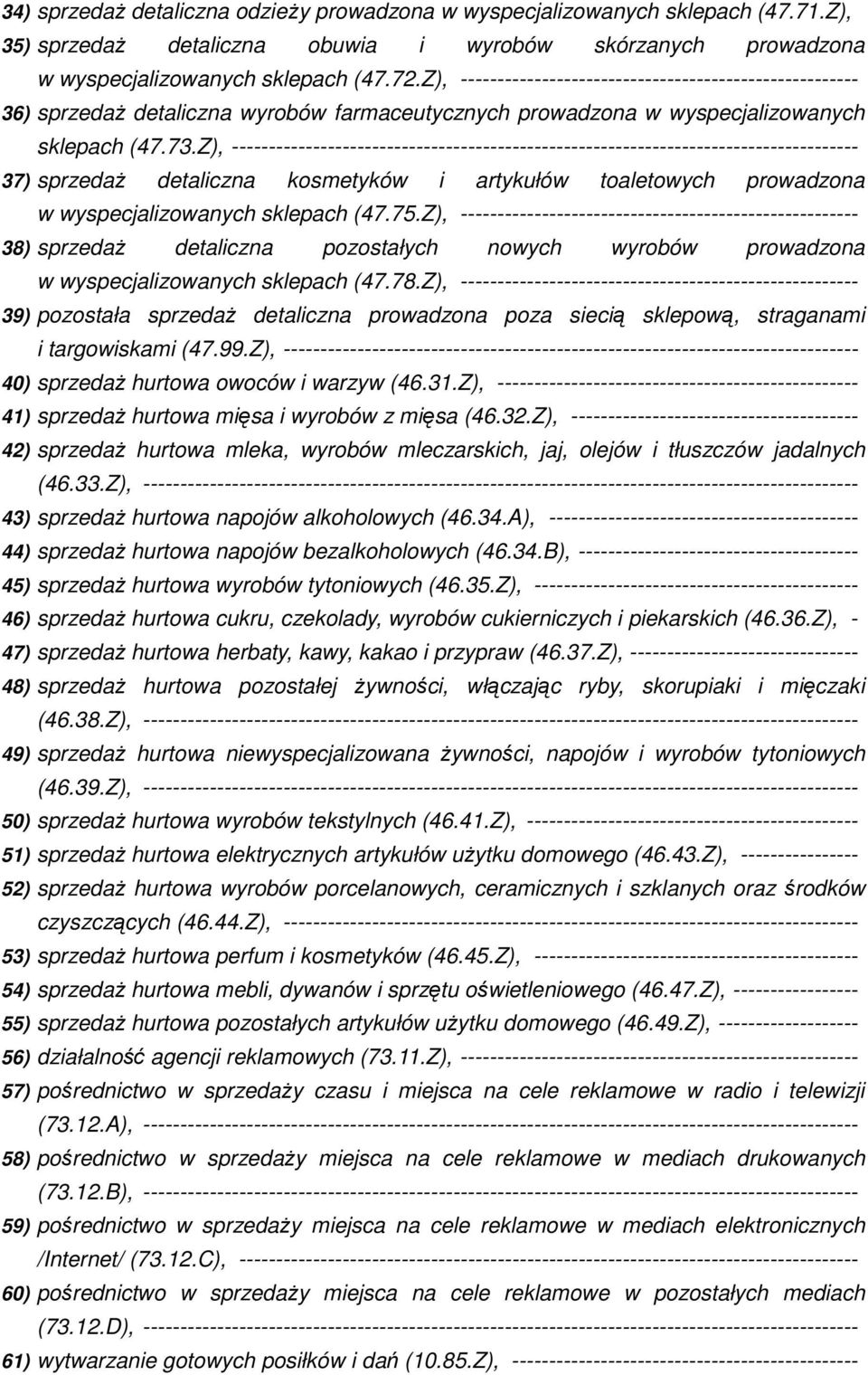 Z), ------------------------------------------------------------------------------------- 37) sprzedaż detaliczna kosmetyków i artykułów toaletowych prowadzona w wyspecjalizowanych sklepach (47.75.