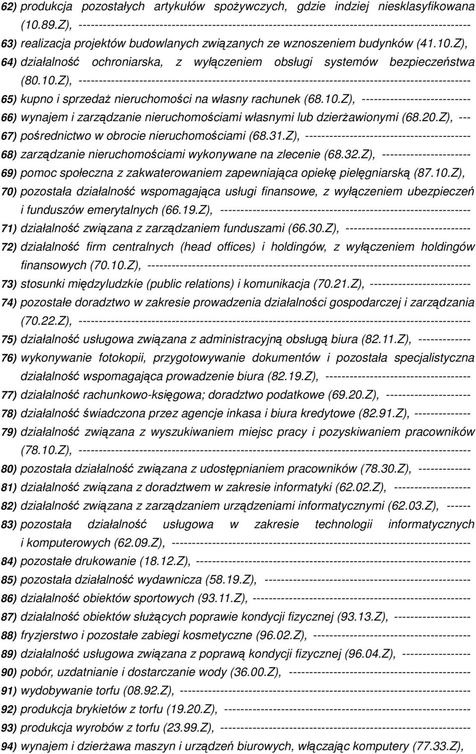 Z), 64) działalność ochroniarska, z wyłączeniem obsługi systemów bezpieczeństwa (80.10.