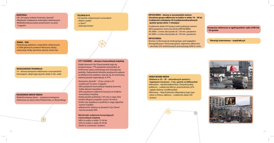 n Sport - Telewizja Polska INFOSCREEN ekrany w warszawskim metrze Docelowa grupa odbiorców to ludzie w wieku 16 49 lat Codziennie emitujemy 30 trzydziestosekundowych spotów (przez okres 1 miesiąca)