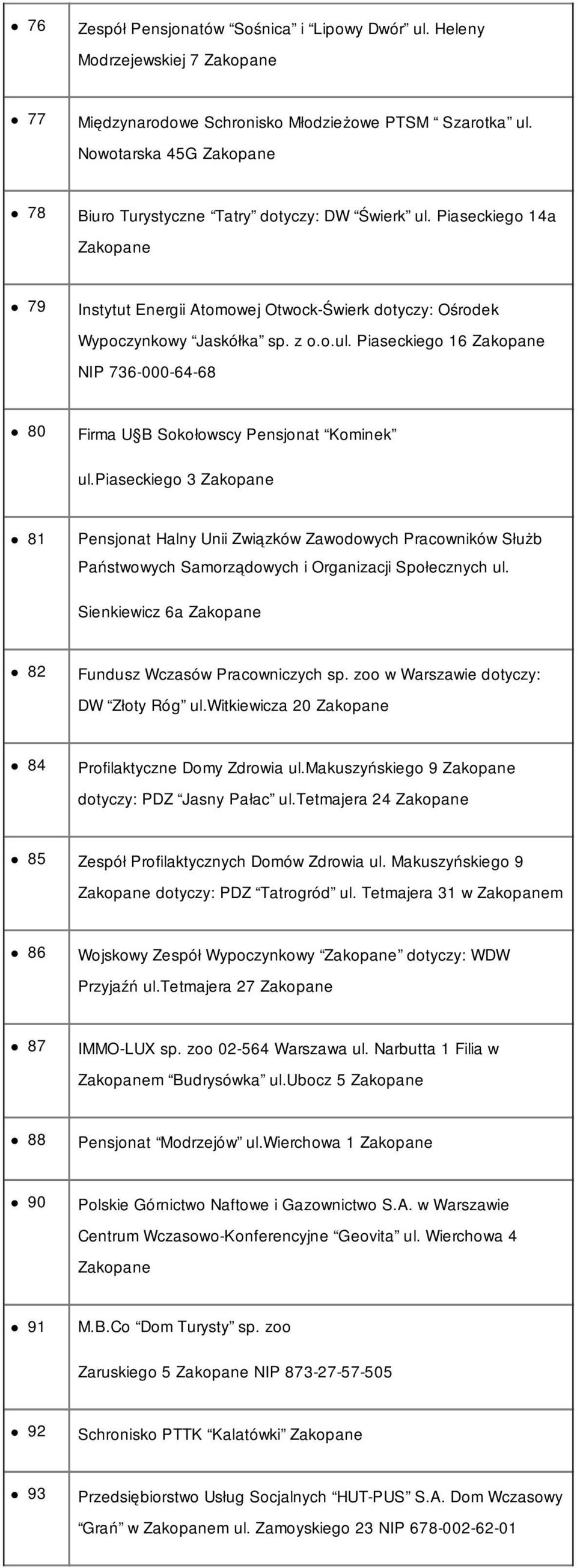 piaseckiego 3 Zakopane 81 Pensjonat Halny Unii Związków Zawodowych Pracowników Służb Państwowych Samorządowych i Organizacji Społecznych ul.