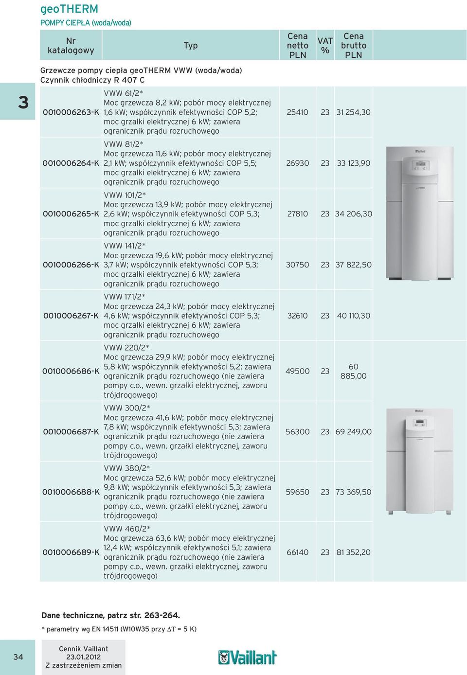 elektrycznej 0010006265-K 2,6 kw; współczynnik efektywności COP 5,3; VWW 141/2* Moc grzewcza 19,6 kw; pobór mocy elektrycznej 0010006266-K 3,7 kw; współczynnik efektywności COP 5,3; VWW 171/2* Moc