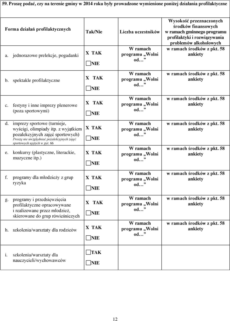 alkoholowych w ramach środków z pkt. 58 ankiety b. spektakle profilaktyczne X W ramach programu Wolni od w ramach środków z pkt. 58 ankiety c.