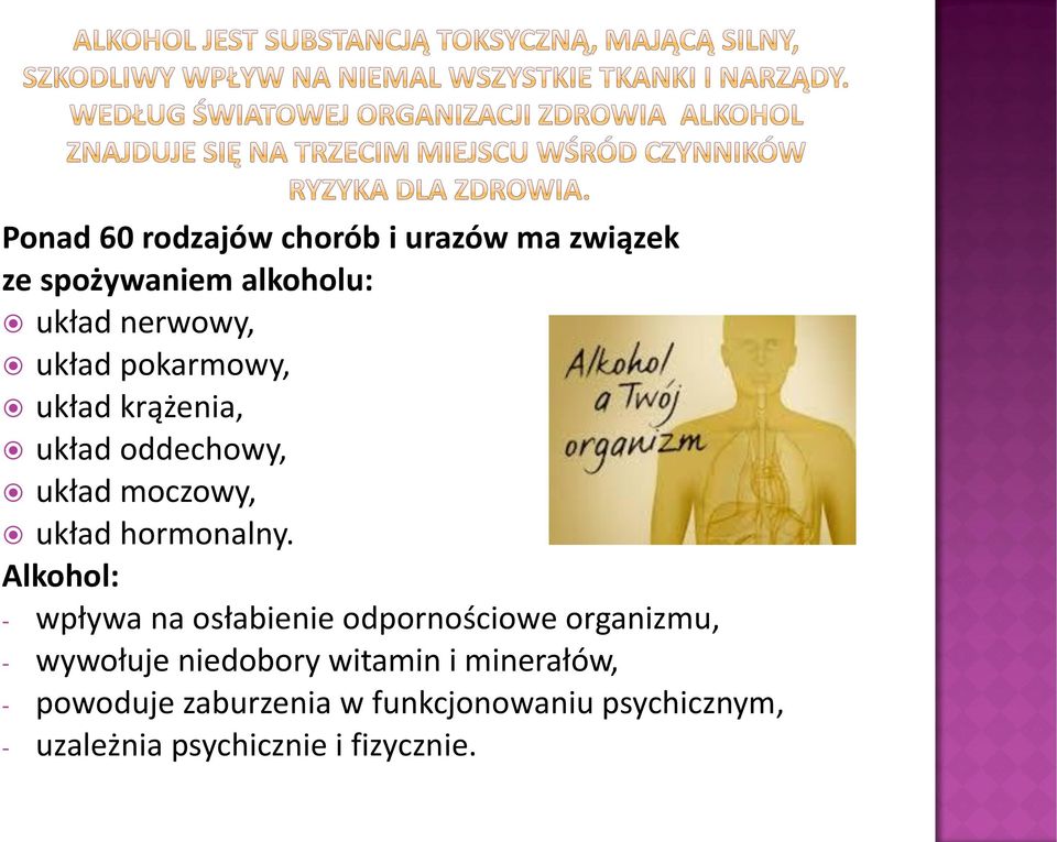 Alkohol: - wpływa na osłabienie odpornościowe organizmu, - wywołuje niedobory witamin i