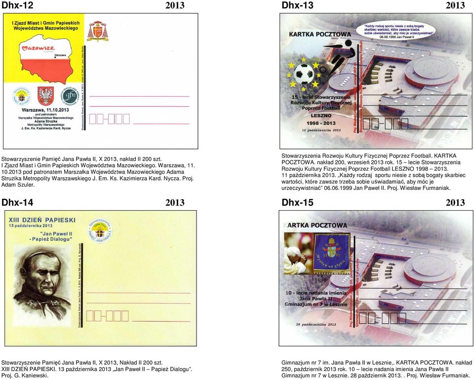 Stowarzyszenia Rozwoju Kultury Fizycznej Poprzez Football. KARTKA POCZTOWA. nakład 200, wrzesień 2013 rok. 15 lecie Stowarzyszenia Rozwoju Kultury Fizycznej Poprzez Football LESZNO 1998 2013.