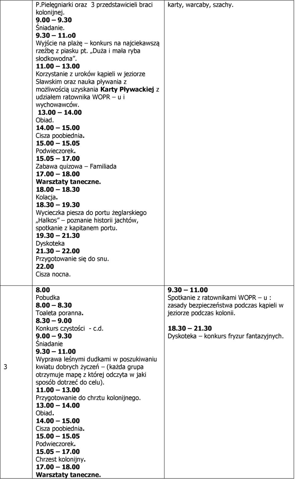 00 1 Warsztaty taneczne. 18.30 19.30 Wycieczka piesza do portu żeglarskiego Halkos poznanie historii jachtów, spotkanie z kapitanem portu. 19.30 21.30 Dyskoteka Przygotowanie się do snu. 9.30 11.