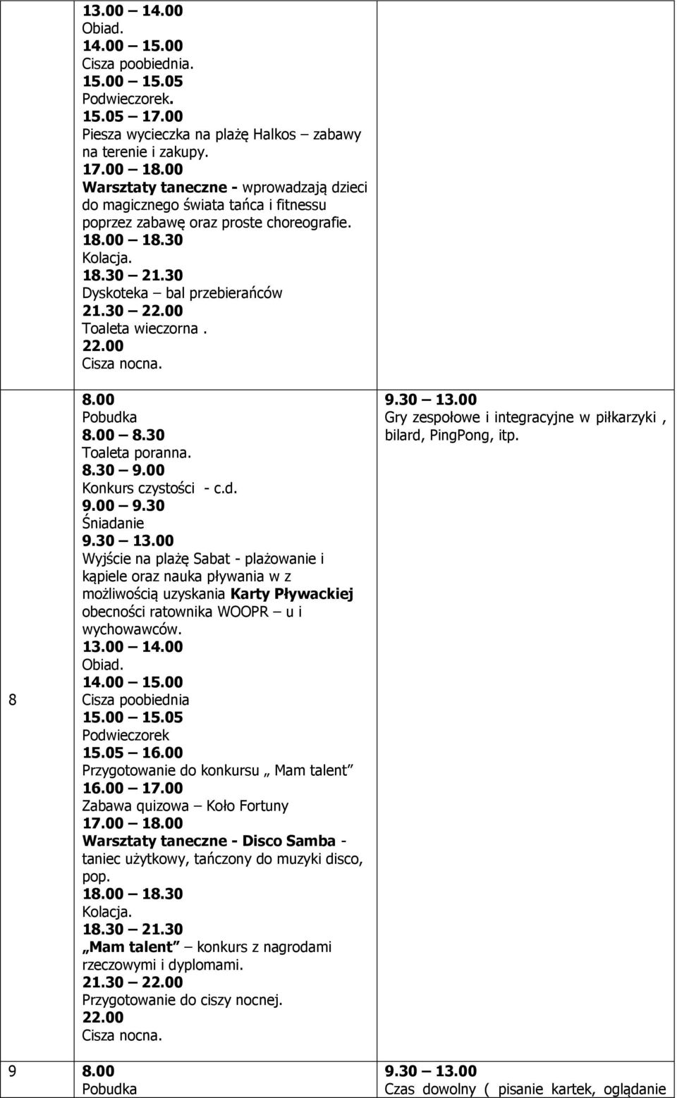 kąpiele oraz nauka pływania w z możliwością uzyskania Karty Pływackiej obecności ratownika WOOPR u i wychowawców. Podwieczorek 15.05 16.00 Przygotowanie do konkursu Mam talent 16.00 17.