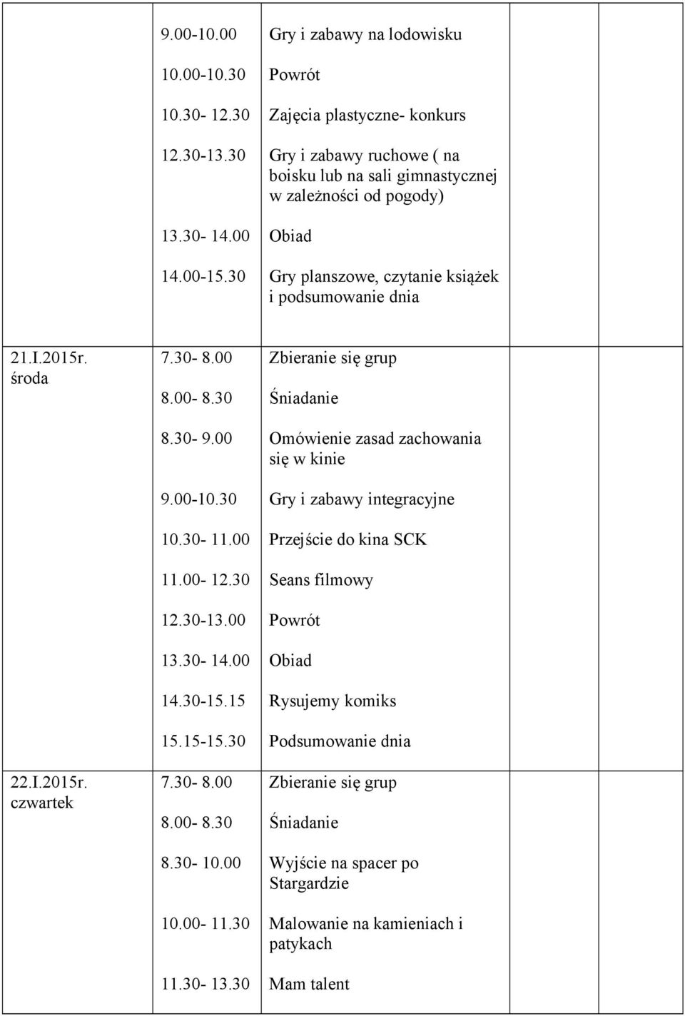 pogody) Gry planszowe, czytanie książek i podsumowanie dnia 21.I.2015r. środa 22.I.2015r. czwartek 12.30-13.00 14.30-15.15 15.15-15.