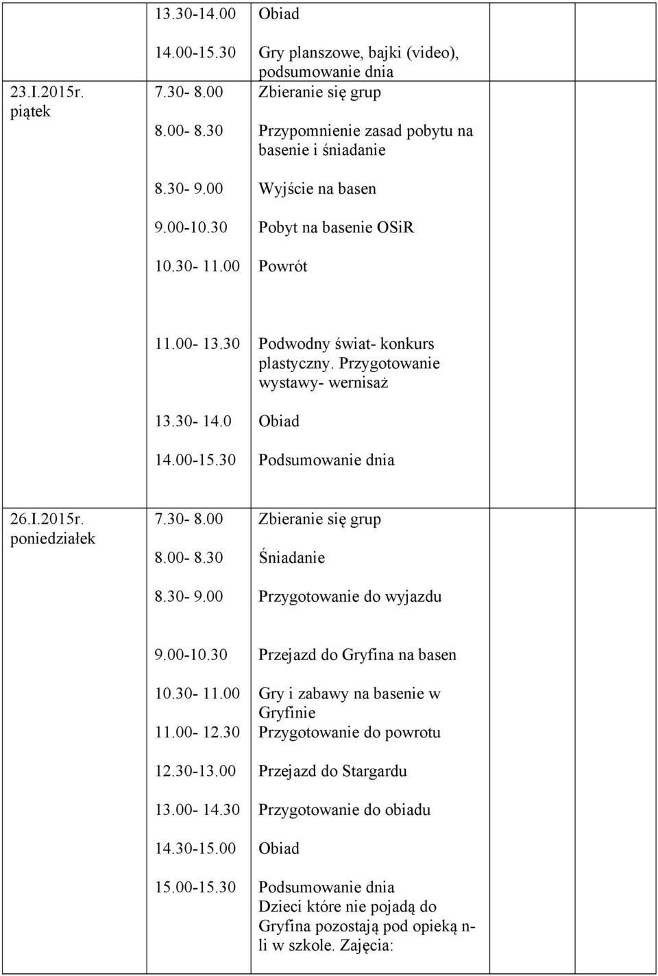 00-13.30 13.30-14.0 Podwodny świat- konkurs plastyczny. Przygotowanie wystawy- wernisaż 26.I.2015r. poniedziałek Przygotowanie do wyjazdu 12.