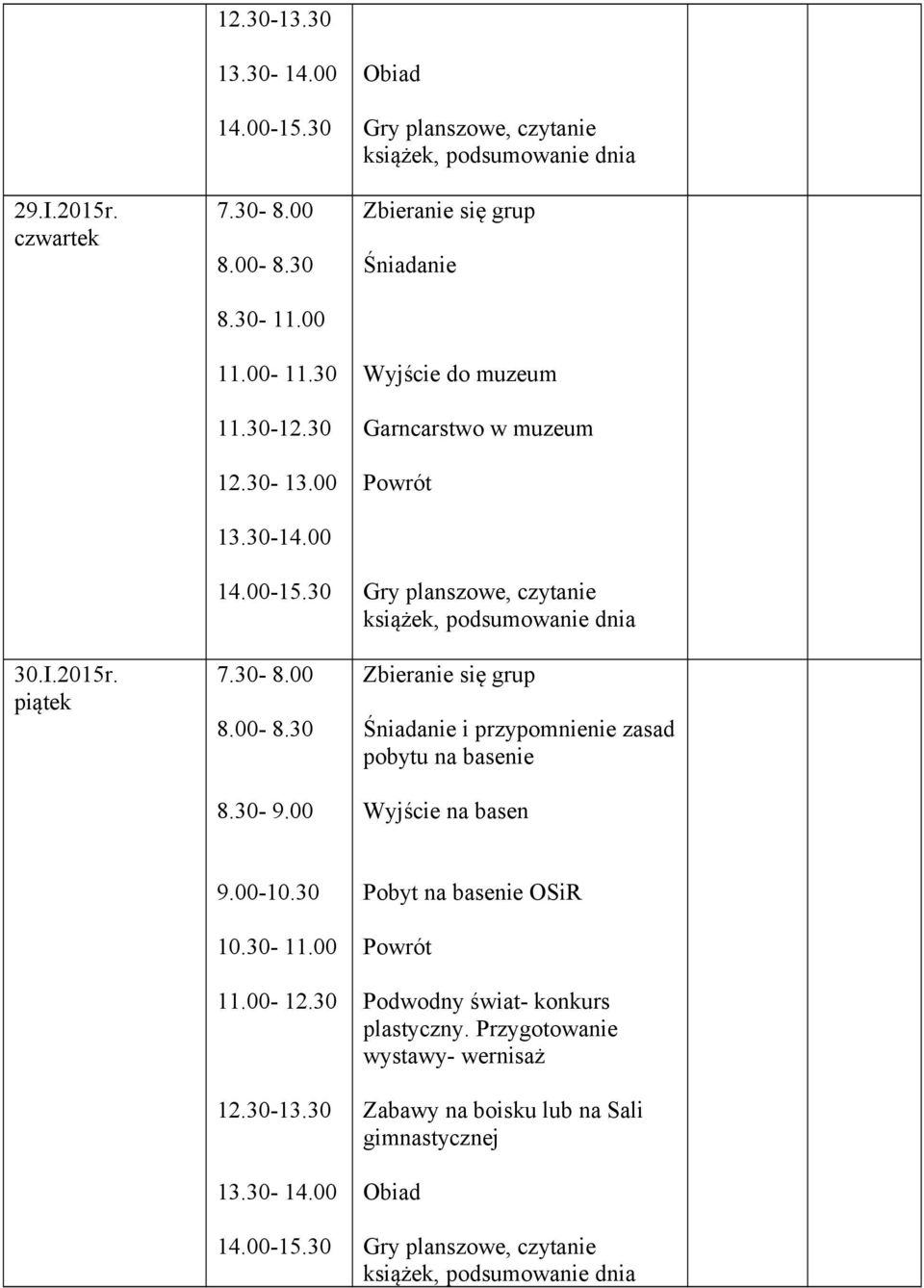 podsumowanie dnia i przypomnienie zasad pobytu na basenie Wyjście na basen 12.30-13.