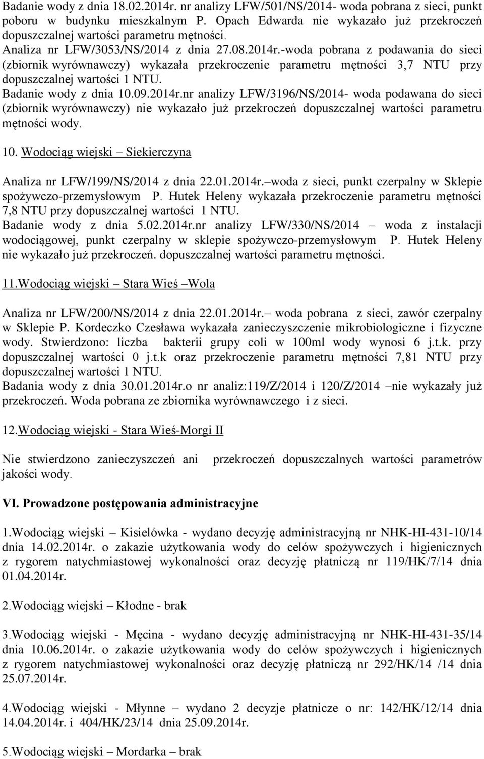 -woda pobrana z podawania do sieci (zbiornik wyrównawczy) wykazała przekroczenie parametru mętności 3,7 NTU przy dopuszczalnej wartości 1 NTU. Badanie wody z dnia 10.09.2014r.