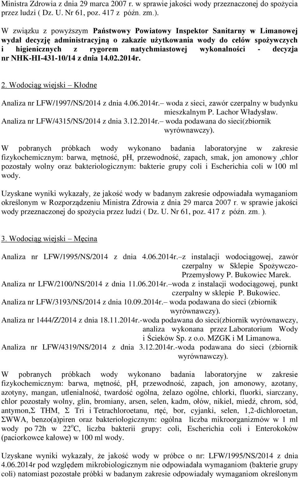 Wodociąg wiejski Kłodne Analiza nr LFW/1997/NS/2014 z dnia 4.06.2014r.
