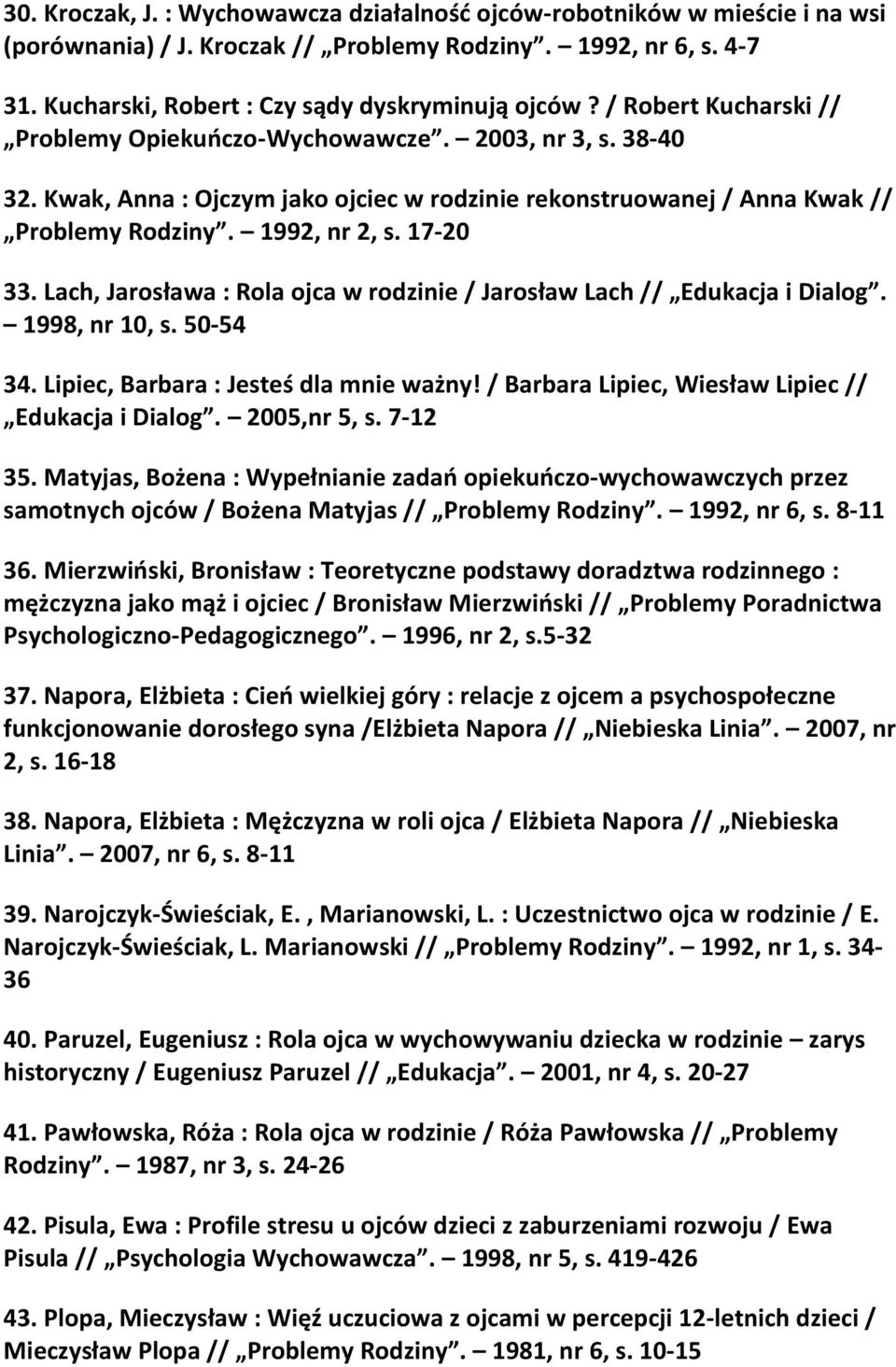 Lach, Jarosława : Rola ojca w rodzinie / Jarosław Lach // Edukacja i Dialog. 1998, nr 10, s. 50-54 34. Lipiec, Barbara : Jesteś dla mnie ważny! / Barbara Lipiec, Wiesław Lipiec // Edukacja i Dialog.