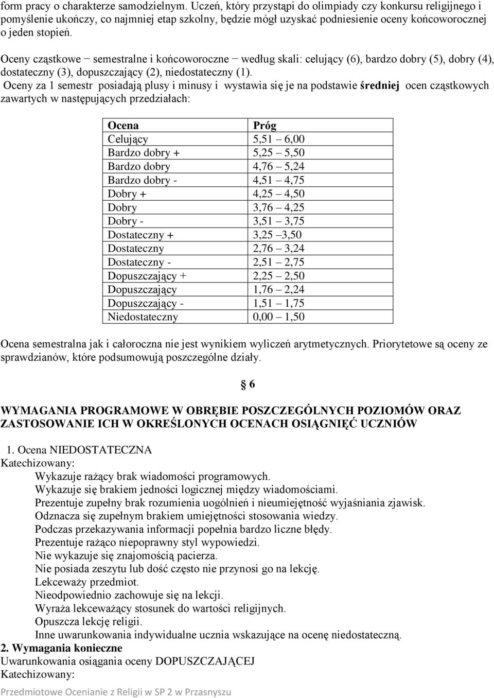 Oceny cząstkowe semestralne i końcoworoczne według skali: celujący (6), bardzo dobry (5), dobry (4), dostateczny (3), dopuszczający (2), niedostateczny (1).