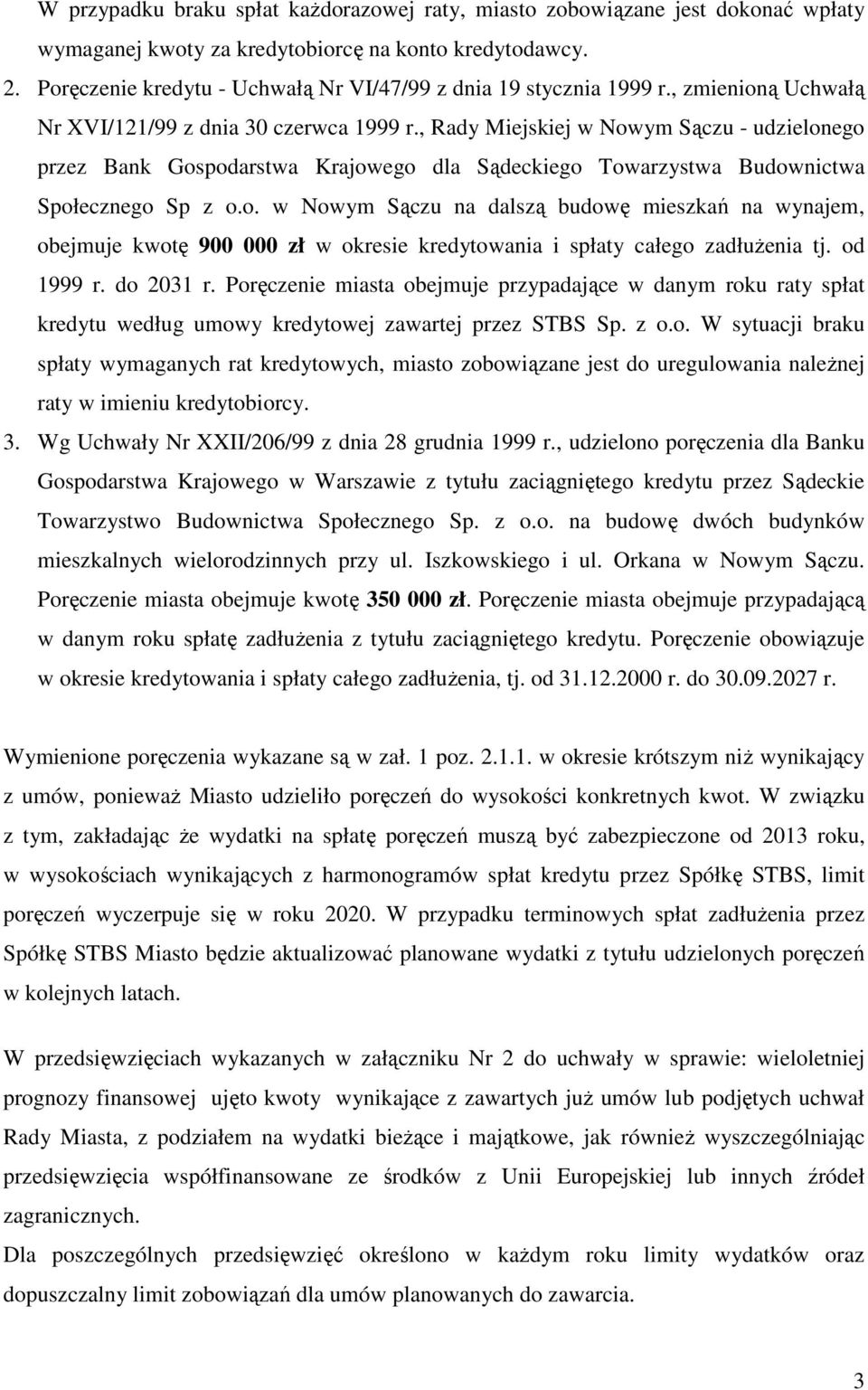 , Rady Miejskiej w Nowym Sączu - udzielonego przez Bank Gospodarstwa Krajowego dla Sądeckiego Towarzystwa Budownictwa Społecznego Sp z o.o. w Nowym Sączu na dalszą budowę mieszkań na wynajem, obejmuje kwotę 900 000 zł w okresie kredytowania i spłaty całego zadłużenia tj.