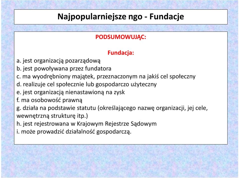 jest organizacją nienastawioną na zysk f. ma osobowość prawną g.
