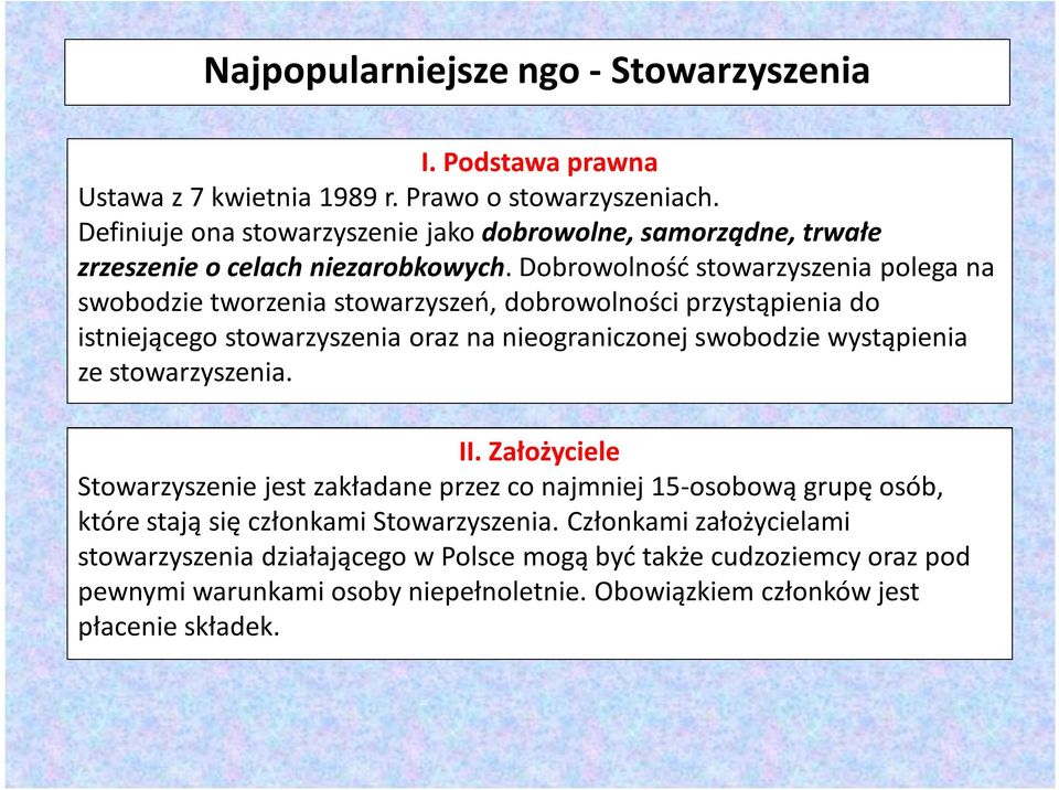 Dobrowolność stowarzyszenia polega na swobodzie tworzenia stowarzyszeń, dobrowolności przystąpienia do istniejącego stowarzyszenia oraz na nieograniczonej swobodzie wystąpienia ze