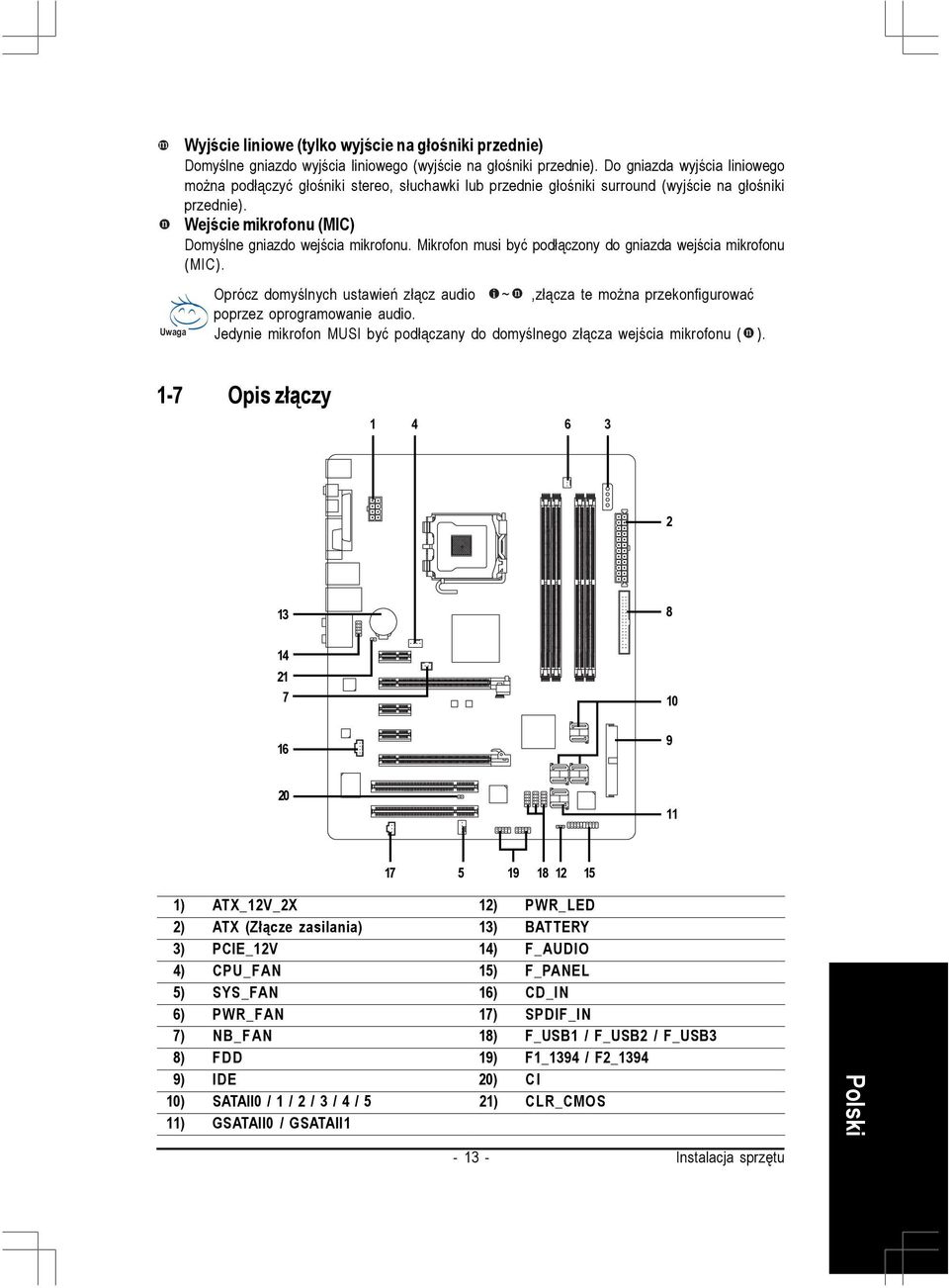 Mikrofon musi być podłączony do gniazda wejścia mikrofonu (MIC). Uwaga Oprócz domyślnych ustawień złącz audio ~,złącza te można przekonfigurować poprzez oprogramowanie audio.