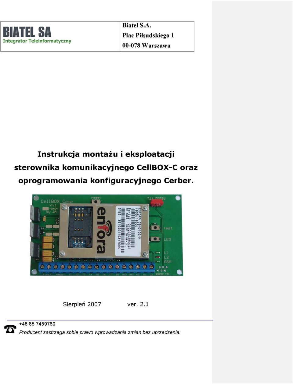 eksploatacji sterownika komunikacyjnego CellBOX-C oraz