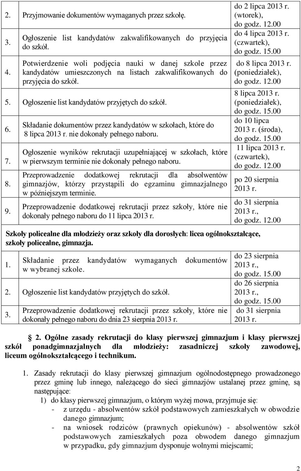 Składanie dokumentów przez kandydatów w szkołach, które do 8 lipca 2013 r. nie dokonały pełnego naboru.