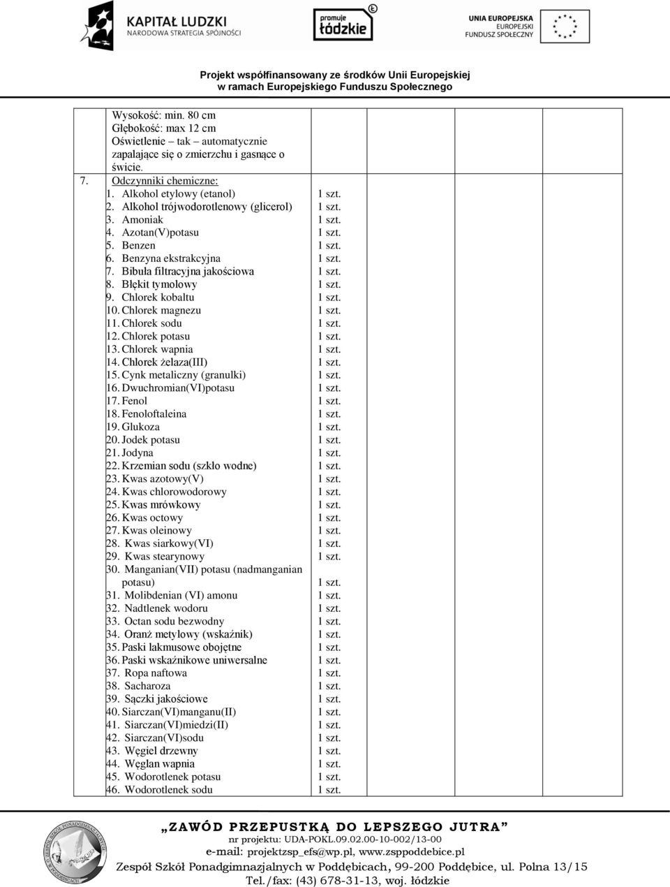Chlorek sodu 12. Chlorek potasu 13. Chlorek wapnia 14. Chlorek żelaza(iii) 15. Cynk metaliczny (granulki) 16. Dwuchromian(VI)potasu 17. Fenol 18. Fenoloftaleina 19. Glukoza 20. Jodek potasu 21.