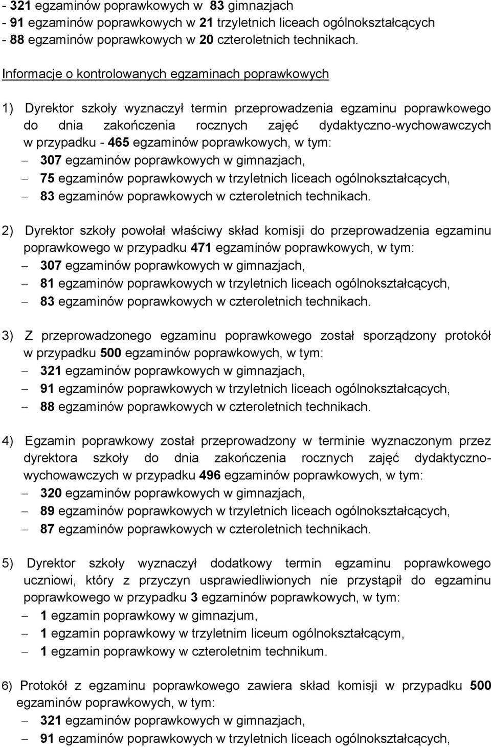 - 465 egzaminów poprawkowych, w tym: 307 egzaminów poprawkowych w gimnazjach, 75 egzaminów poprawkowych w trzyletnich liceach ogólnokształcących, 83 egzaminów poprawkowych w czteroletnich technikach.