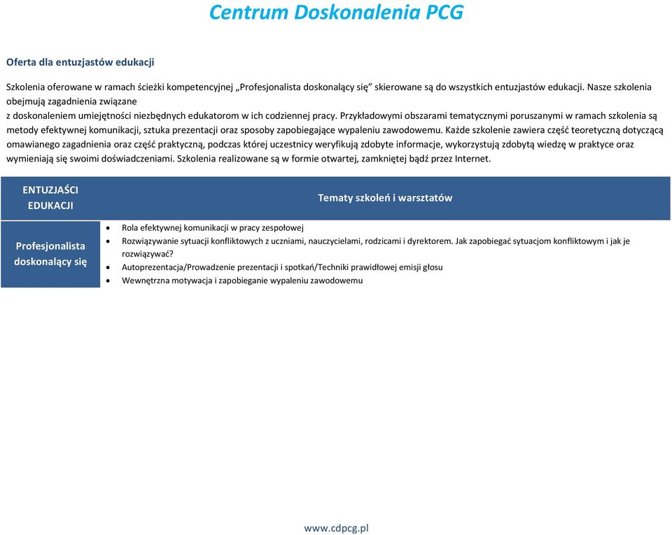 Przykładowymi obszarami tematycznymi poruszanymi w ramach szkolenia są metody efektywnej komunikacji, sztuka prezentacji oraz sposoby zapobiegające wypaleniu zawodowemu.