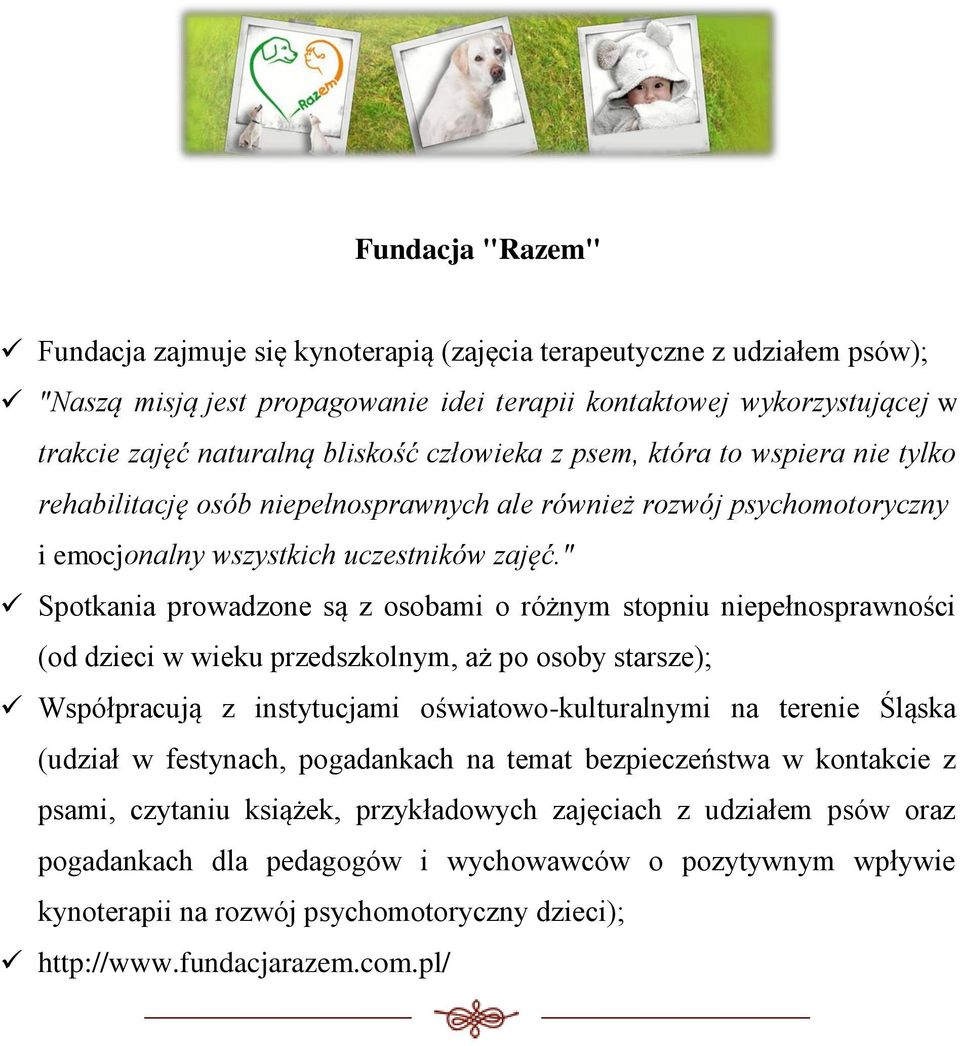 " Spotkania prowadzone są z osobami o różnym stopniu niepełnosprawności (od dzieci w wieku przedszkolnym, aż po osoby starsze); Współpracują z instytucjami oświatowo-kulturalnymi na terenie Śląska