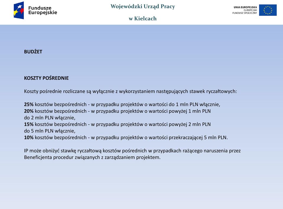 bezpośrednich - w przypadku projektów o wartości powyżej 2 mln PLN do 5 mln PLN włącznie, 10% kosztów bezpośrednich - w przypadku projektów o wartości