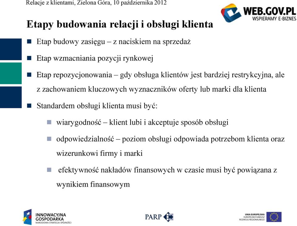 klienta Standardem obsługi klienta musi być: wiarygodność klient lubi i akceptuje sposób obsługi odpowiedzialność poziom obsługi