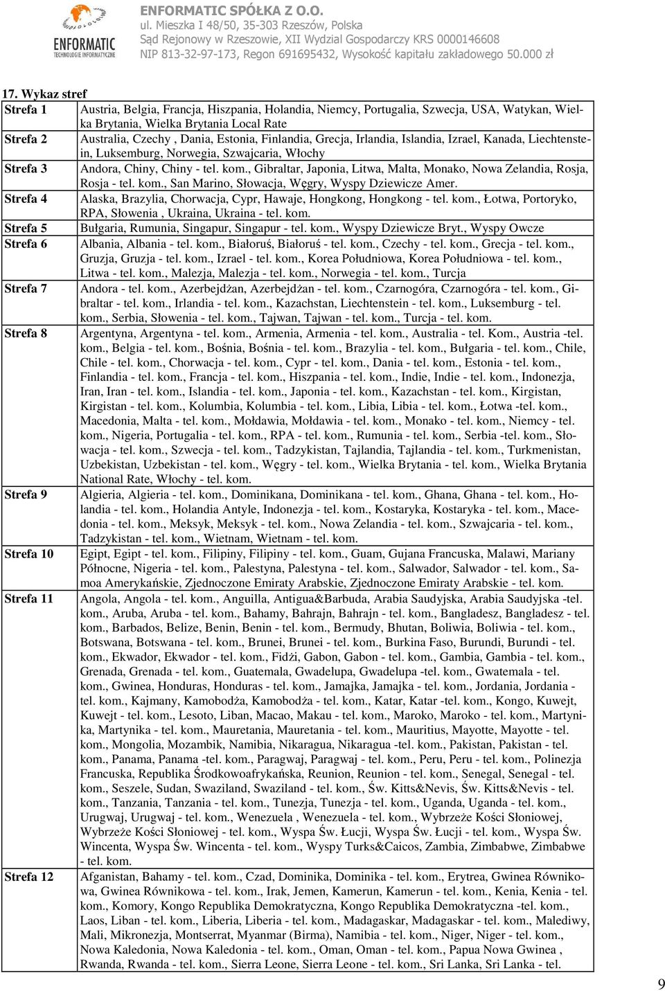 , Gibraltar, Japonia, Litwa, Malta, Monako, Nowa Zelandia, Rosja, Rosja - tel. kom., San Marino, Słowacja, Węgry, Wyspy Dziewicze Amer.