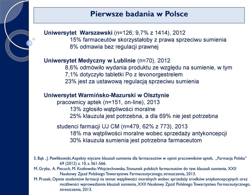 Warmińsko-Mazurski w Olsztynie pracownicy aptek (n=151, on-line), 2013 13% zgłosiło wątpliwości moralne 25% klauzula jest potrzebna, a dla 69% nie jest potrzebna studenci farmacji UJ CM (n=479, 62% z