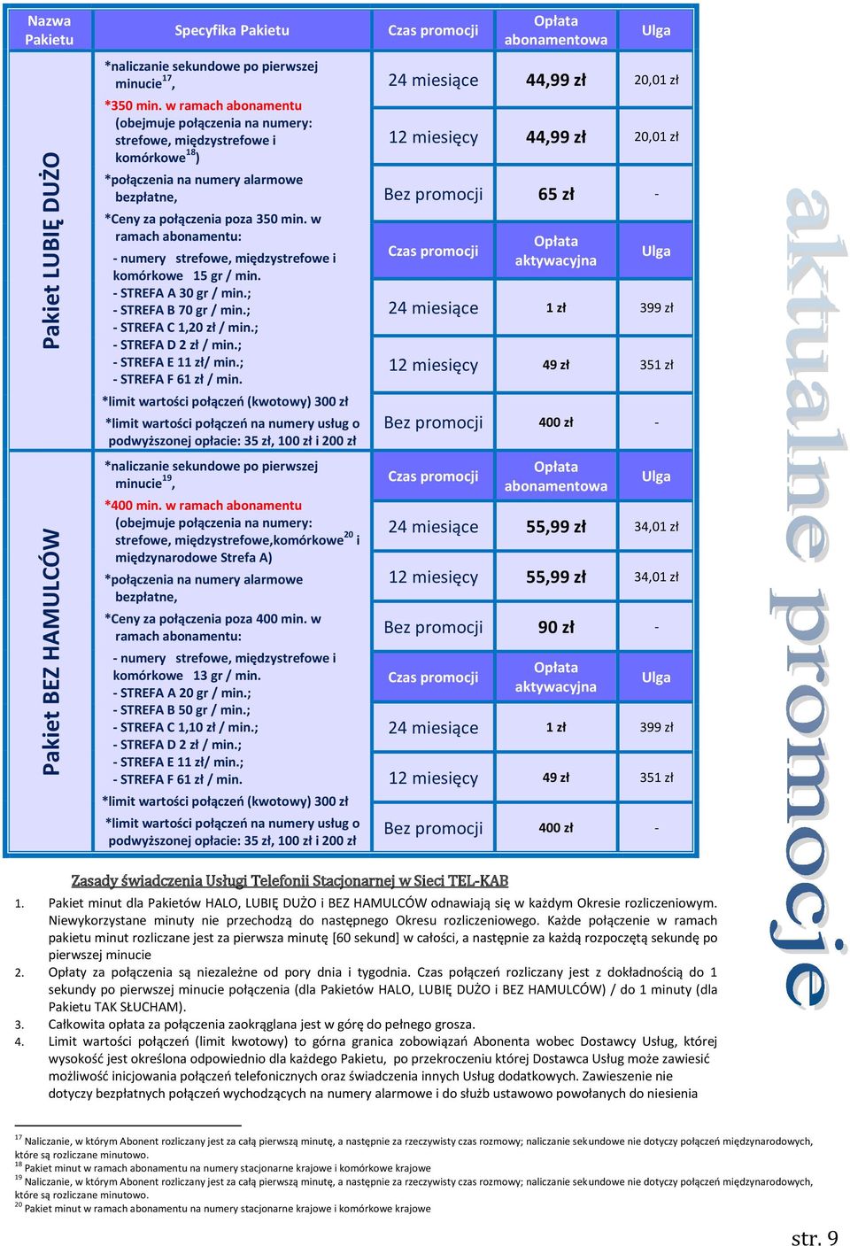 w ramach abonamentu: - numery strefowe, międzystrefowe i komórkowe 15 gr / min. - STREFA A 30 gr / min.; - STREFA B 70 gr / min.; - STREFA C 1,20 zł / min.; - STREFA D 2 zł / min.