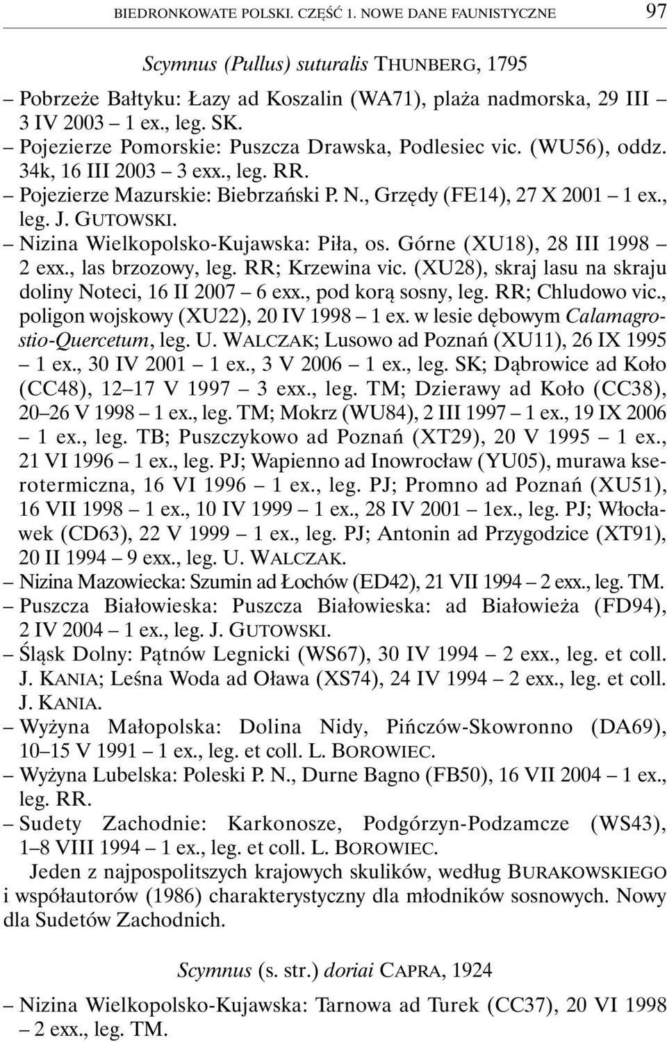 Nizina Wielkopolsko-Kujawska: Piła, os. Górne (XU18), 28 III 1998 2 exx., las brzozowy, leg. RR; Krzewina vic. (XU28), skraj lasu na skraju doliny Noteci, 16 II 2007 6 exx., pod korą sosny, leg.