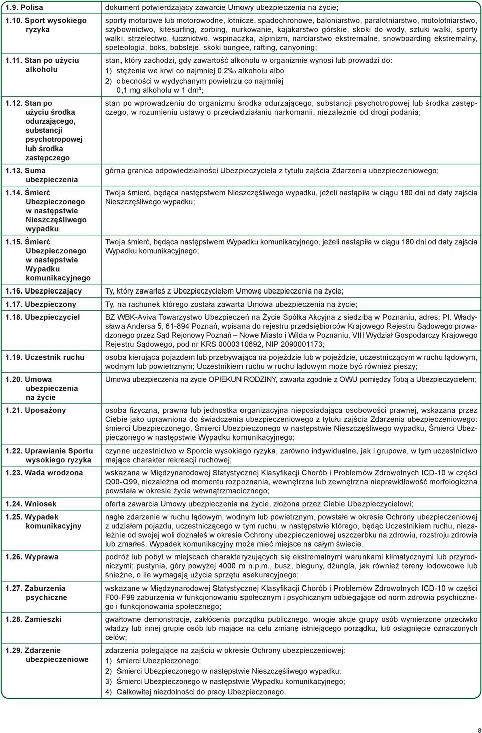 Śmierć Ubezpieczonego w następstwie Wypadku komunikacyjnego sporty motorowe lub motorowodne, lotnicze, spadochronowe, baloniarstwo, paralotniarstwo, motolotniarstwo, szybownictwo, kitesurfing,