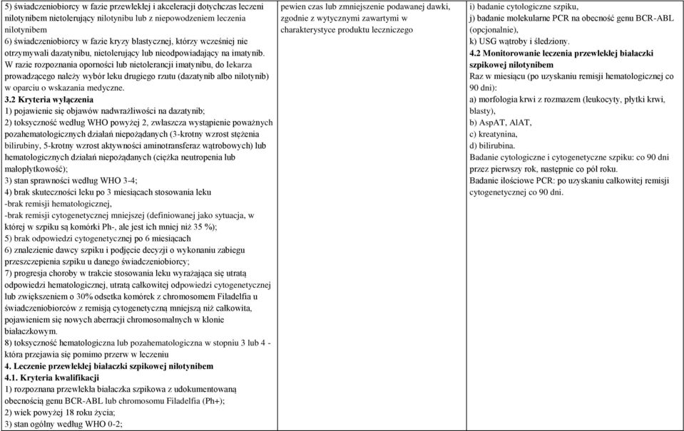 W razie rozpoznania oporności lub nietolerancji imatynibu, do lekarza prowadzącego należy wybór leku drugiego rzutu (dazatynib albo nilotynib) w oparciu o wskazania medyczne. 3.