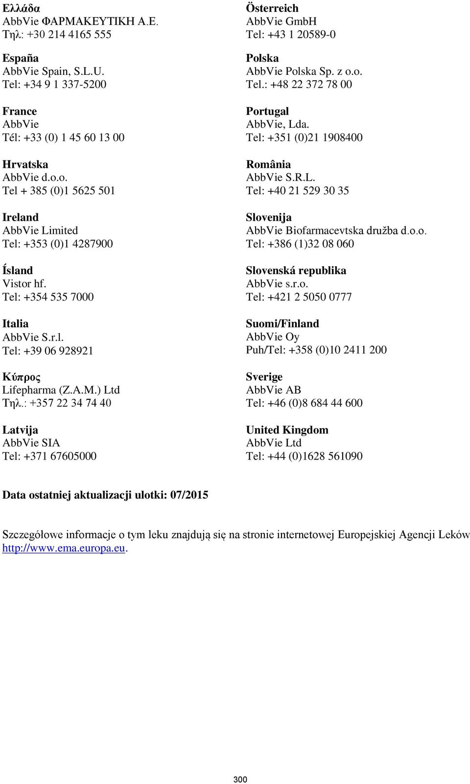 : +357 22 34 74 40 Latvija AbbVie SIA Tel: +371 67605000 Österreich AbbVie GmbH Tel: +43 1 20589-0 Polska AbbVie Polska Sp. z o.o. Tel.: +48 22 372 78 00 Portugal AbbVie, Lda.