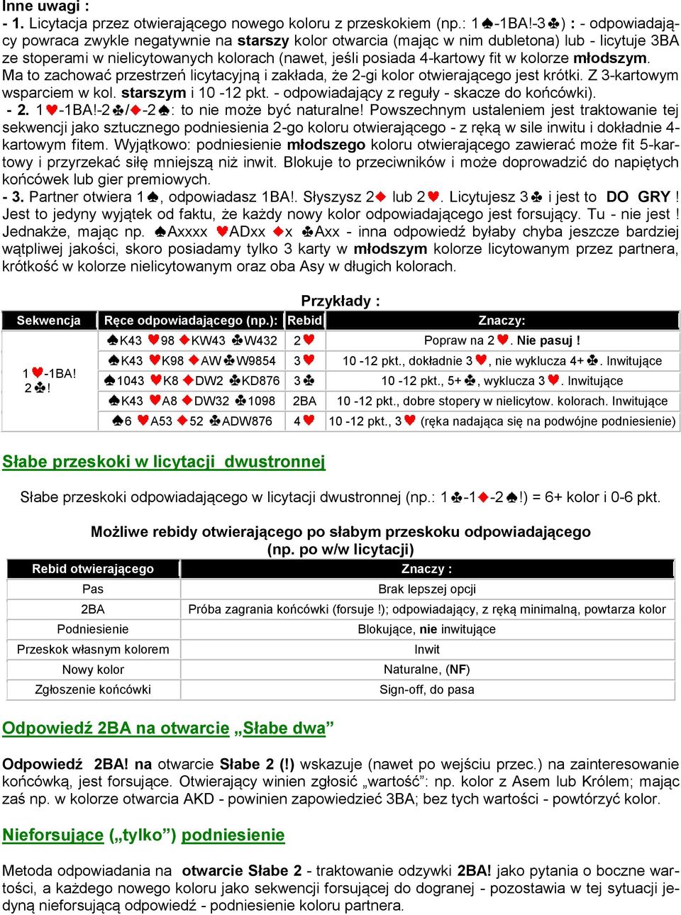 kolorze młodszym. Ma to zachować przestrzeń licytacyjną i zakłada, że 2-gi kolor otwierającego jest krótki. Z 3-kartowym wsparciem w kol. starszym i 10-12 pkt.