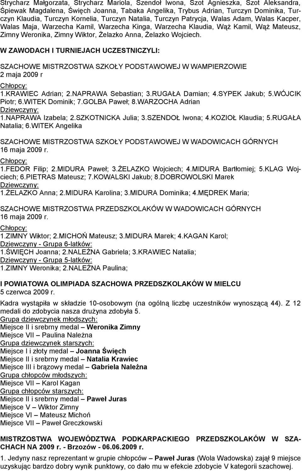 Anna, Żelazko Wojciech. W ZAWODACH I TURNIEJACH UCZESTNICZYLI: SZACHOWE MISTRZOSTWA SZKOŁY PODSTAWOWEJ W WAMPIERZOWIE 2 maja 2009 r Chłopcy: 1.KRAWIEC Adrian; 2.NAPRAWA Sebastian; 3.RUGAŁA Damian; 4.