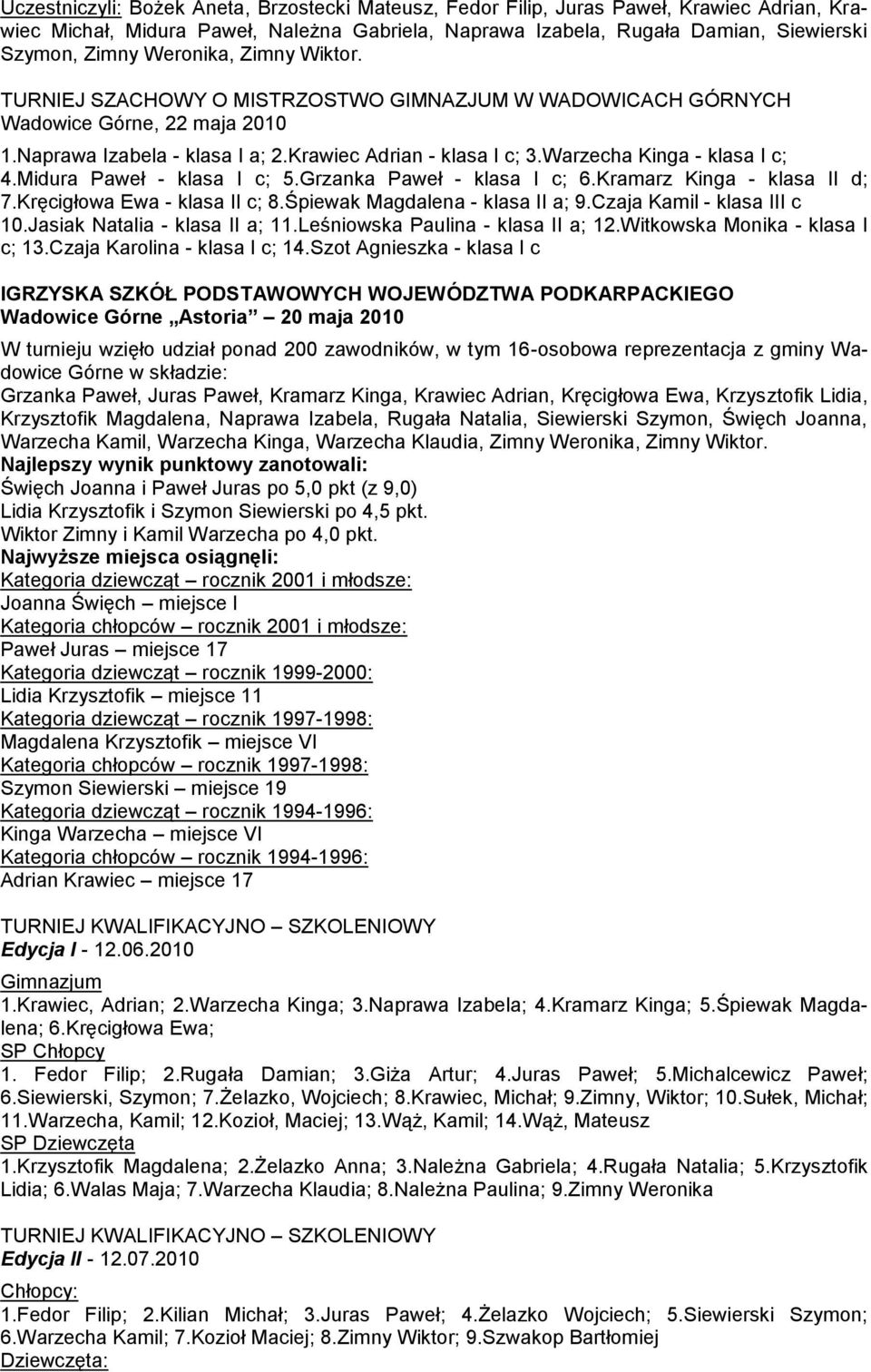 Warzecha Kinga - klasa I c; 4.Midura Paweł - klasa I c; 5.Grzanka Paweł - klasa I c; 6.Kramarz Kinga - klasa II d; 7.Kręcigłowa Ewa - klasa II c; 8.Śpiewak Magdalena - klasa II a; 9.