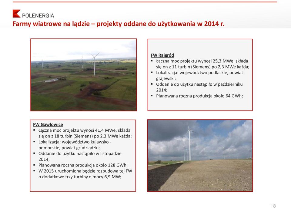 do użytku nastąpiło w październiku 2014; Planowana roczna produkcja około 64 GWh; FW Gawłowice Łączna moc projektu wynosi 41,4 MWe, składa się on z 18 turbin